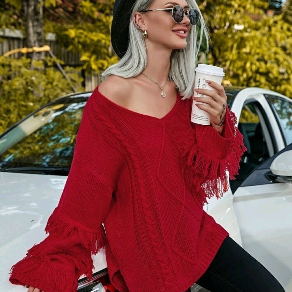 Host Pick Fringe Trim Drop Shoulder Sweater